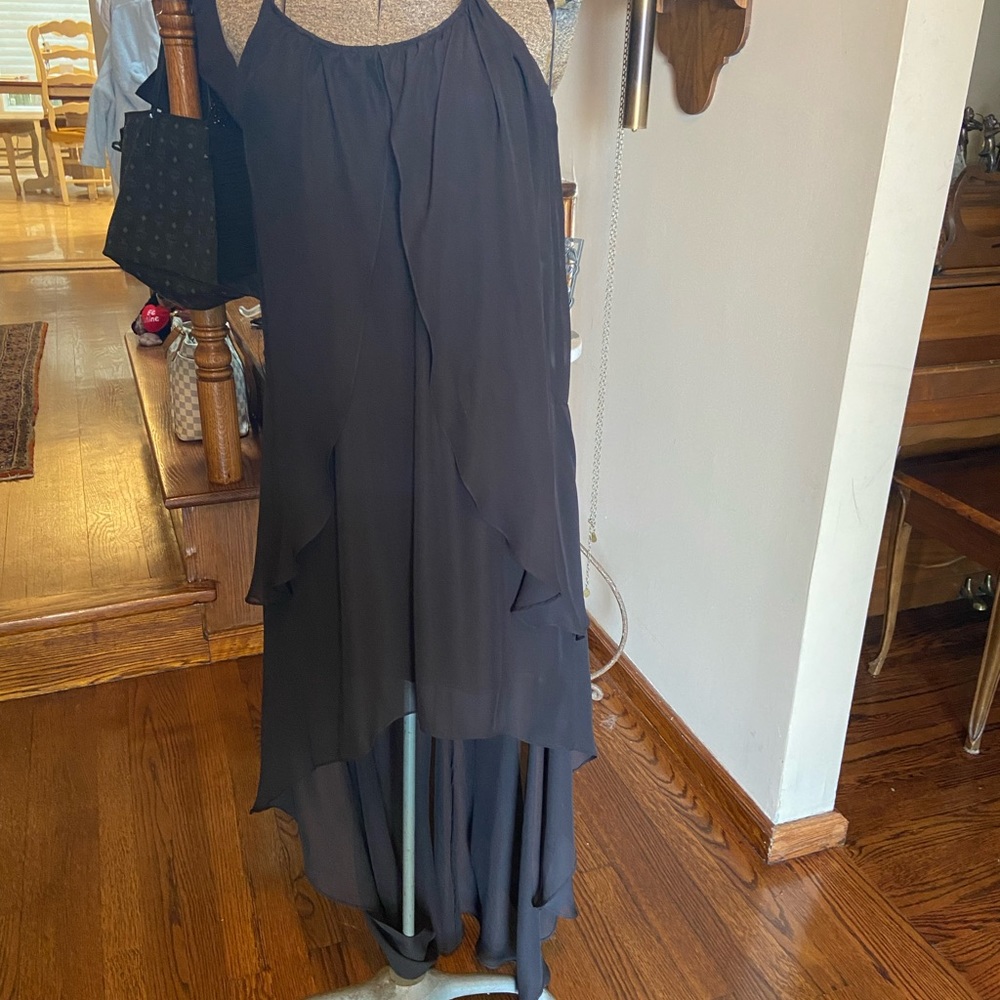 Scooped black neck gown short underlay chiffon overlay, tee straps